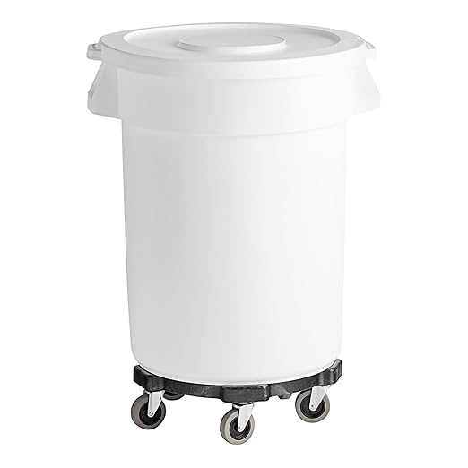 PRO&Family Commercial Round Trash Can with Lid and Dolly Rolling Waste Container, Ingredient Bin, Heavy-Duty Plastic, Anti-Static, Kitchen, Office, Outdoor Use (White, 55 Gallon)