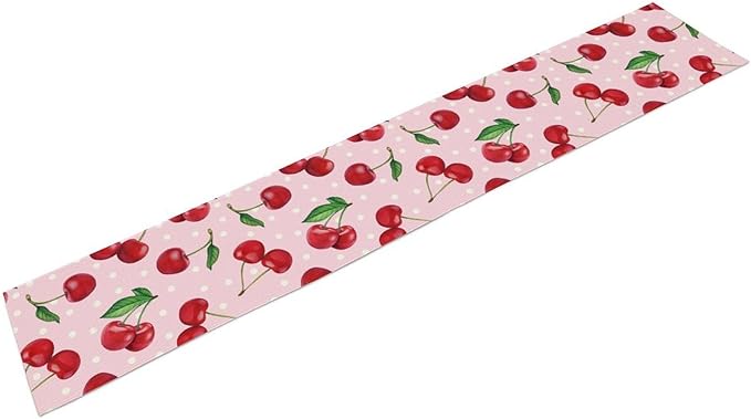 Red Cherry Table Runner, Tropical Fruit Polka Dot Print Table Runner for Birthday Party Dining Room Home Kitchen 13x60in