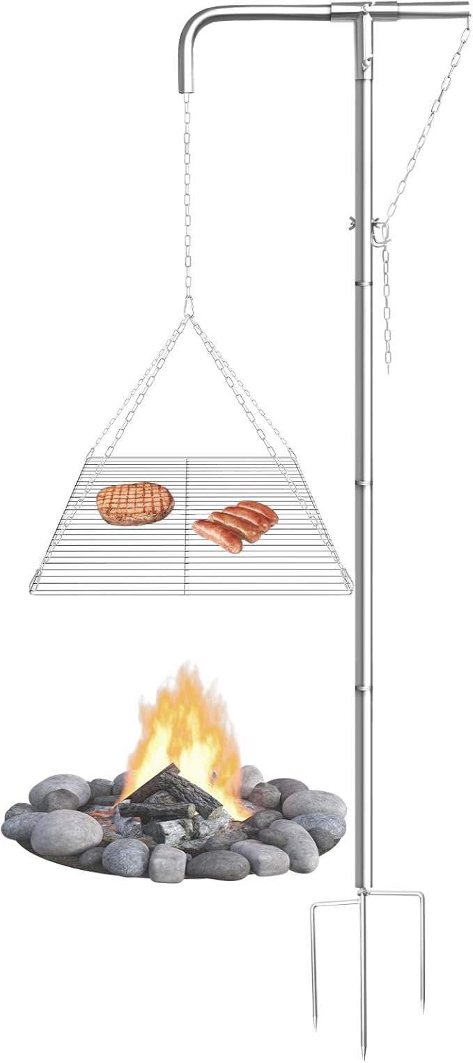 Stainless Steel Campfire Grill - Adjustable Height,360° Rotatable & Foldable Camp Fire Cooking Equipment,Heavy Duty Portable Outdoor Open Flame Grilling Rack for Camping