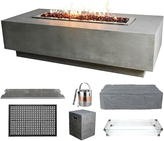 Elementi Granville Fire Pit Bundle Outdoor Firepit Set Includes 60” Propane Concrete Firepit Table, Glass Windscreen, Stainless Steel Cover, Tank Cover, Canvas Cover, Floor Mat, Ice Bucket