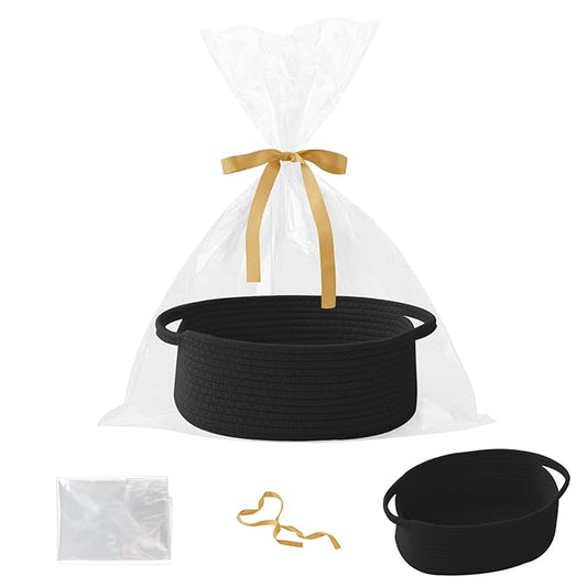 Gift Basket with Gift Bag and Ribbons,Small Rope Woven Shelf Storage,Baskets for Gifts Empty,Birthday,Baby Shower,Decorative Organizer Box with Handles(Black)