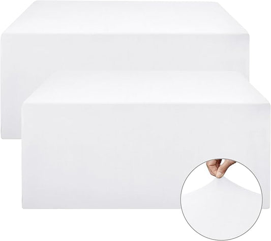 Nasitos Spandex Fitted Table Covers for 8 Foot Tables - 96 x 30 Inch - 2 Pack White Stretch Table Clothes, Fabric Rectangle Tablecloths for Parties, Trade Show, Craft Show, Birthday