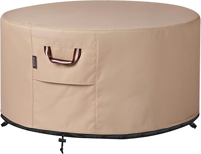 QH.HOME Fire Pit Cover Round-29-32 Inch Heavy Duty 900D Strong Tear-Resistant and UV Resistant and Waterproof and Fading Resistant Material Polyester Firepit Covers Round for Outdoor Fire Pit-Wheat