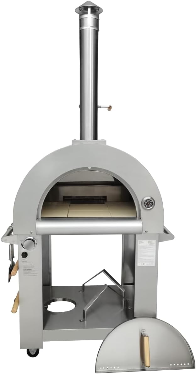32.5" Wood Fired & Propane Gas Pizza Oven with Waterproof Cover, Large Outdoor Oven with Open Shelf and Wheels for BBQ, Grilling, Stainless Steel Pizza Oven for Outdoor, Backyard and Party (Red)