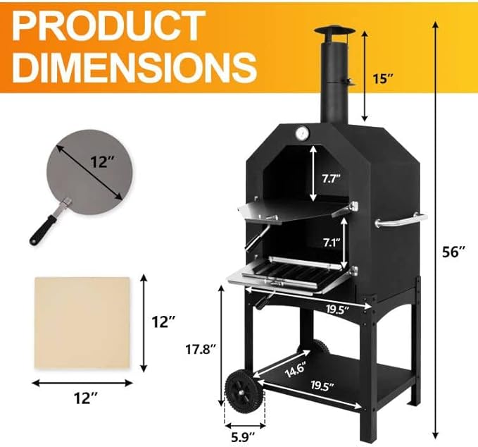 Outdoor Pizza Oven Wood Fired Pizza Oven Patio Portable Pizza Maker Cooking Grill with Wheels Waterproof Cover for Backyard Camping