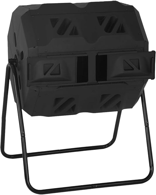 FDW Outdoor Compost Bin, 43 Gallon Dual Chamber Tumbling Composting Bin with Sliding Doors for Garden Patio Kitchen Yard，Black Door