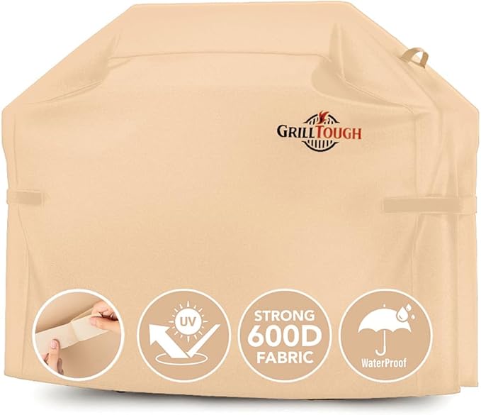 Heavy Duty BBQ Grill Cover for Outdoor Grill, 58 Inch – Waterproof, Weather Resistant, UV & Fade Resistant with Adjustable Straps – Gas Grill Cover for Weber, Genesis, Charbroil, etc. Tan