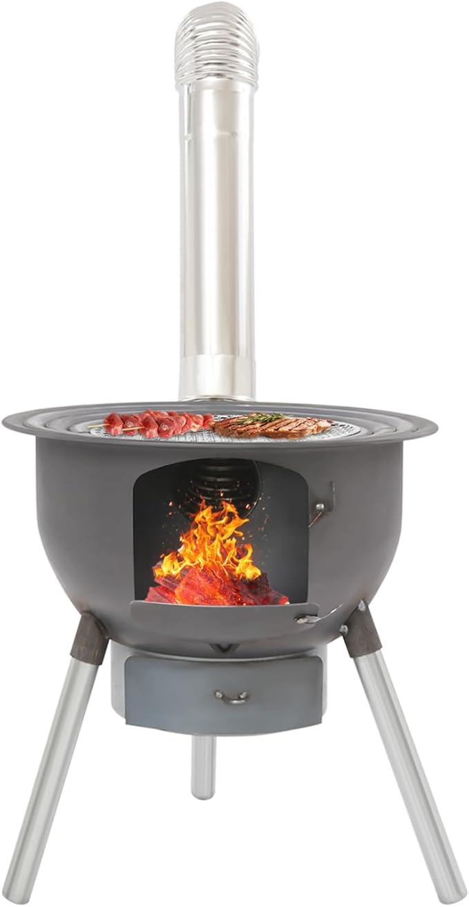 DYRABREST Wood Burning Stove with Grill, Multifunction Portable Camping Stove, Outdoor Cooking Stove with 3 Wok Rings & Chimney, Heavy Duty Steel Fire Pit for Backyard, Patio, BBQ, Camping, Hiking