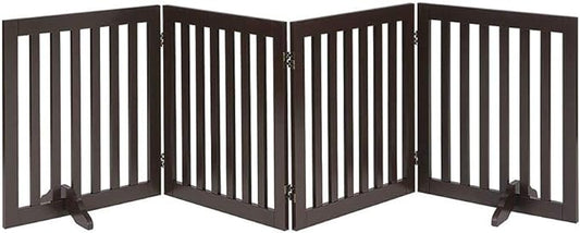unipaws 24" H Free Standing Pet Gate for Dog Cat, Wooden Dog Gates for Doorway, Stairs, Step Over Foldable Pet Fence for The House, Expandable Dog Barrier, Indoor Use, Espresso