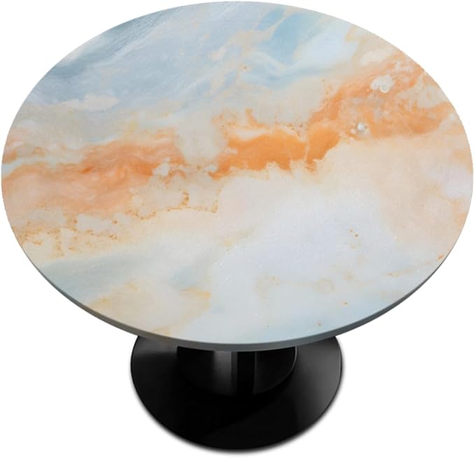 Marble Ripple Orange Blue Round Table Cloth Cover, Elastic Edge Waterproof Wipeable Tablecloths 36"-42" Polyester Tablecloth for Party Restaurant Banquet Holiday Camping Outdoor Picnic