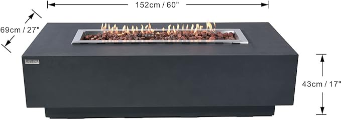 Elementi | Granville Gas Fire Pit Cast Concrete 60" Rectangular Fire Table, Outdoor Fire Pit Electronic Ignition | Canvas Cover, Lava Rock Included | Dark Gray (Propane Gas)