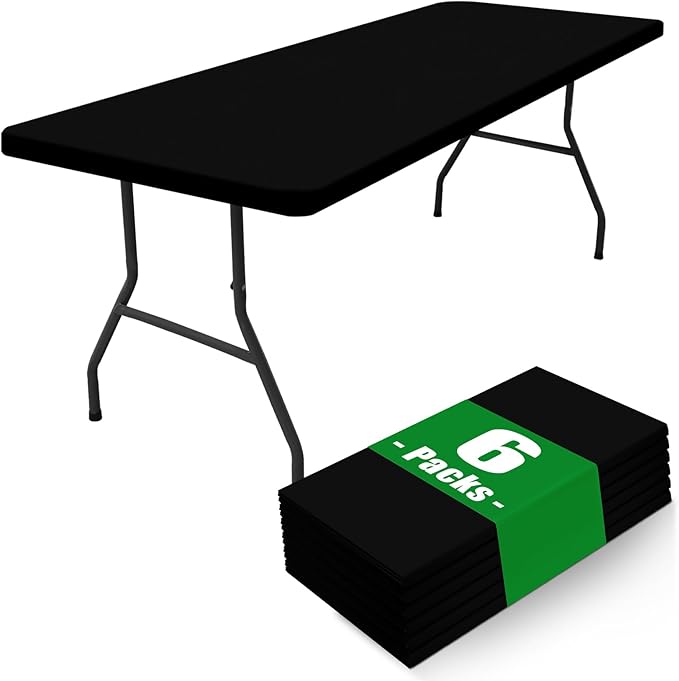 Spandex 6 Foot Rectangle Table Cloth 6 Pack, Elastic Fitted Tablecloths for Picnic, Stretch Washable Patio Table Cover for Outdoor, Camping, Banquet and Parties (Black, 30"x48")
