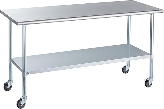 ROCKPOINT Stainless Steel Table for Prep & Work with Caster Wheels 30x72 Inches, NSF Metal Commercial Kitchen Heavy Duty Table with Adjustable Under Shelf and Table Foot for Restaurant, Home and Hotel