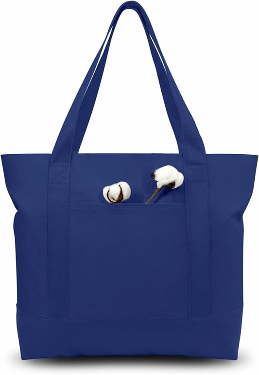 TOPDesign 3-Pack Canvas Tote Bags with an External Pocket, Reusable Grocery Shopping Bags, Top Zipper Closure, Daily Essentials (Blue)