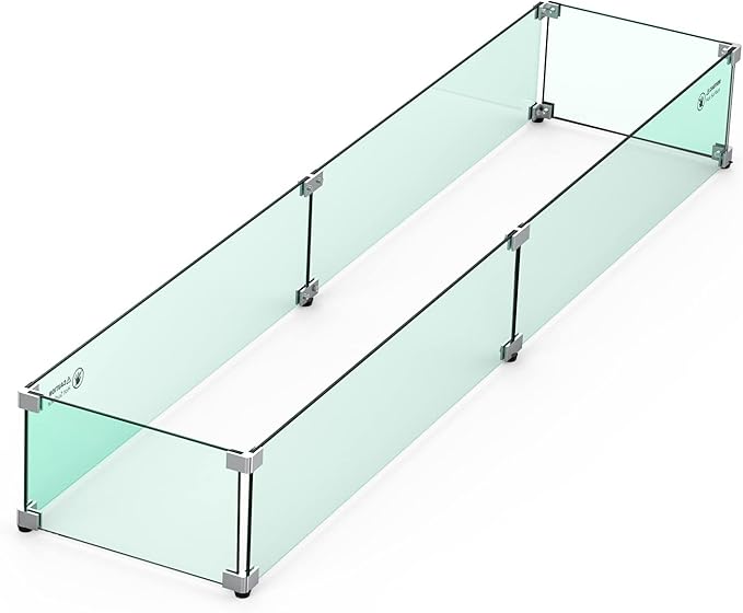 Skyflame Fire Pit Table Glass Wind Guard - 54" x 12", Thick Linear Heat-Resistant Tempered Glass Flame Shields with Hard Aluminum Corner Brackets and Rubber Feet for Propane, Gas, Outdoor