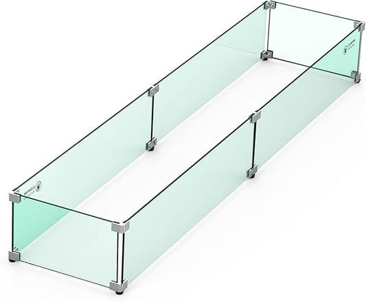 Skyflame Fire Pit Table Glass Wind Guard - 54" x 12", Thick Linear Heat-Resistant Tempered Glass Flame Shields with Hard Aluminum Corner Brackets and Rubber Feet for Propane, Gas, Outdoor