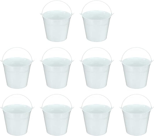 Small Metal Buckets, Mini Buckets with Handle Galvanized Colored Tin Pail Containers Basket Party Supplies - Fit for (Halloween - Classroom Crafts) 7" & 10Pcs & White