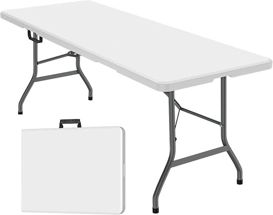 FWTI Deal Folding Table 6ft, Heavy Duty Portable, Built in Carrying Handle & Alloy Steel Legs for Party, Dining, Wedding, Events, Picnic, Indoor, Outdoor, Camping, Utility, White