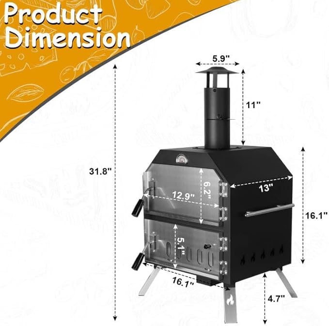 12’’ Outdoor Pizza Oven Wood Fired Pizza Oven Portable Patio Ovens Included Pizza Stone, Pizza Peel, Fold-up Legs, Cover Cooking Rack for Camping Backyard BBQ