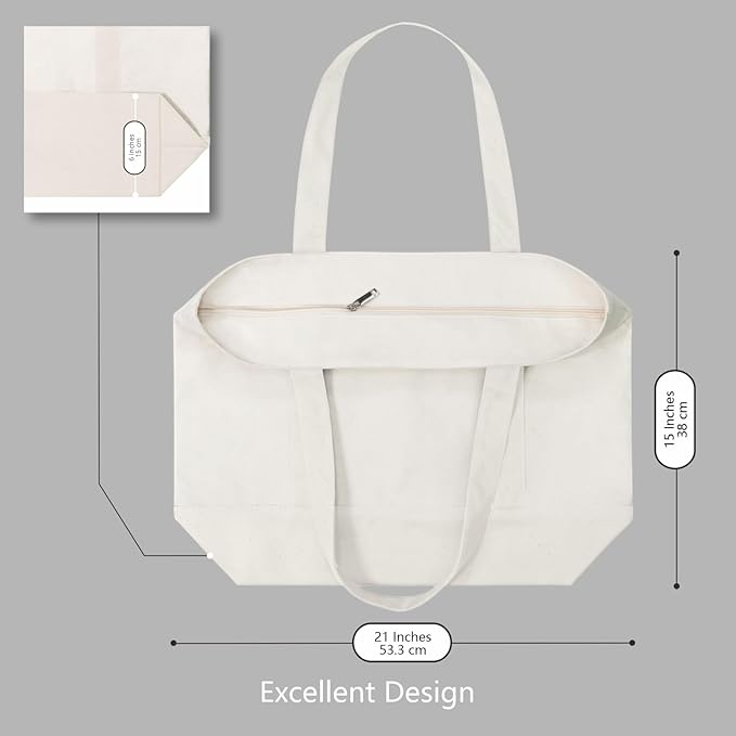 TOPDesign 30-Pack Canvas Tote Bags with an External Pocket, Reusable Grocery Shopping Bags, Top Zipper Closure, Daily Essentials (Natural)