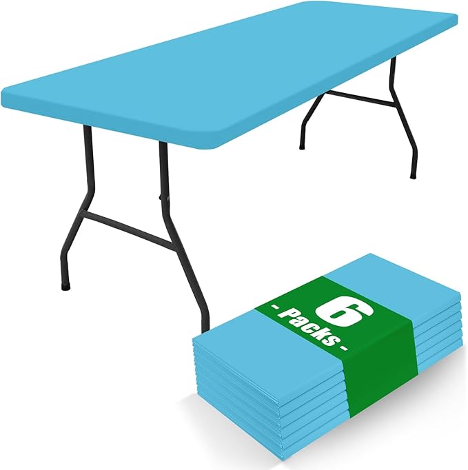 Spandex 8 Foot Rectangle Table Cloth 6 Pack, Elastic Fitted Tablecloths for Picnic, Stretch Washable Patio Table Cover for Outdoor, Camping, Banquet and Parties (Blue Mist, 30"x96")