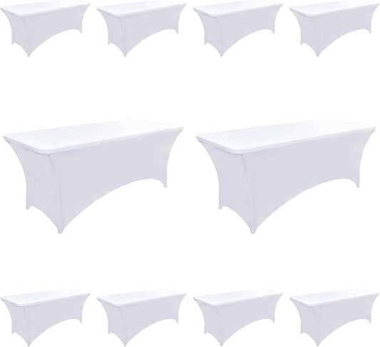 10-Pack 8ft White Spandex Table Covers for Rectangle Folding Tables - Washable Elastic Tablecloth - Ultimate Fitted Table Protector for Parties, Trade Shows, Banquet, and Wedding