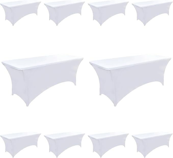 10-Pack 6ft White Spandex Table Covers for Rectangle Standard Folding Tables - Wrinkle Resistant Stretch Tablecloths - Ultimate Fitted Table Protector for Parties, Banquet, Wedding