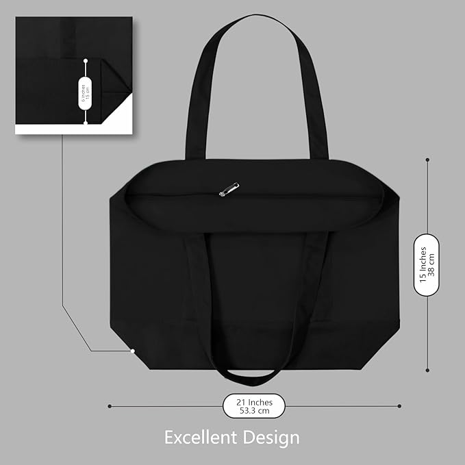TOPDesign 6-Pack Canvas Tote Bags with an External Pocket, Reusable Grocery Shopping Bags, Top Zipper Closure, Daily Essentials (Black)