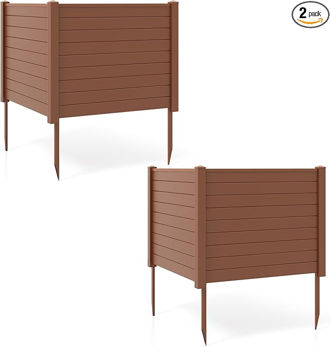 Giantex Air Conditioner Fence 4 Panels - 48''W x 36''H Outdoor Privacy Screen Trash Can Enclosure with Stakes, PVC Vinyl Freestanding Picket Fences for Garden Patio Lawn AC Unit Pool Pump, Brown
