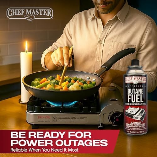 Chef Master 72x 8oz Butane Fuel Canister - Butane Torch Refill & Camp Stove Fuel - Gas Canister for Picnics, Outdoor Cooking, Grilling - Camp Stove, Torch Fuel Camping Essentials - 90340
