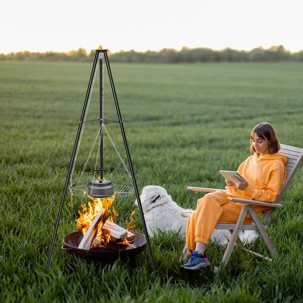 Campfire Tripod Grill, Adjustable Height BBQ Grill Grate with Fire Bowl for Outdoor Camping BBQ, (24.4 x 23.2 x 61.0) in, Black