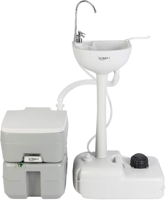 VINGLI Upgraded Portable Sink and Toilet Combo| Self-contained 5 Gal Hand Washing Station & 5.3 Gal Flushing Toilet, Perfect for Camping/RV/Boat/Road Tripper/Camper, Detachable & Lightweight