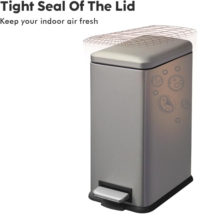 Bathroom Bin 10L, Small Kitchen Bins with Soft Close Lid,Slim Pedal Bin with Removable Inner Bucket,Small Bins for Bathroom,Kitchen,Bedroom,and Office,grey