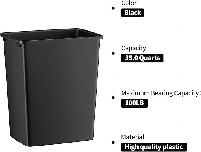 ROOMTEC 35QT Kitchen Trash Can, Sturdy and Lightweight Slim Trash Can, Trash Cans for Kitchen, Workspace, Bathroom, Office, Easy to Clean, 2-Pack, Black
