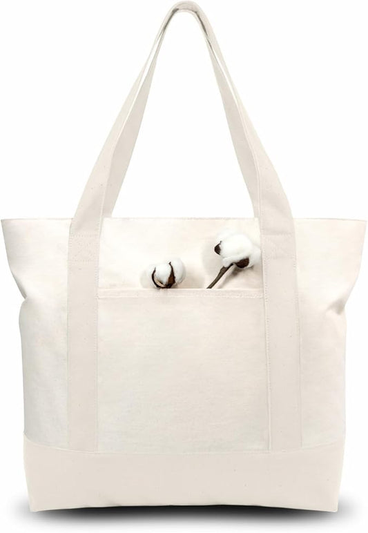TOPDesign 3-Pack Canvas Tote Bags with an External Pocket, Reusable Grocery Shopping Bags, Top Zipper Closure, Daily Essentials (Natural)