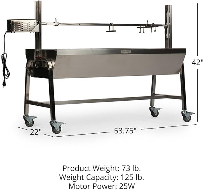 Ash & Ember 25W Stainless Steel BBQ Rotisserie Grill, 4 RPM Rotation Speed, Rated 125 LB for Large Game, Portable Electric Outdoor Roaster with Dual Prongs, Single Leg Bracket, and Spine Fork