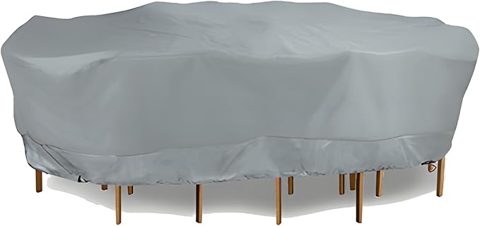 Eevelle Meridian Patio Oval Table Set Cover with Marine Grade Fabric - Outdoor Table Cover - Furniture Set Covers for Dining Table - Easy to Install - (25" H x 112" L x 68" W, Silver)