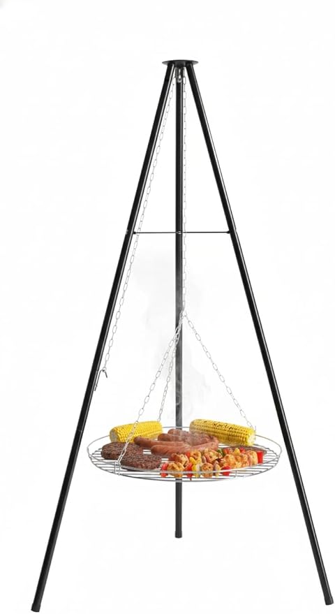 Campfire Tripod Grill, Adjustable Height BBQ Grill Grate with Fire Bowl for Outdoor Camping BBQ, (24.4 x 23.2 x 61.0) in, Black
