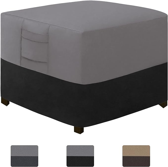 Easy-Going Outdoor Ottoman Cover, Waterproof Patio Ottoman Cover, Heavy Duty Outdoor Furniture Cover with Padded Handles (28"x28"x17", Gray/Black)