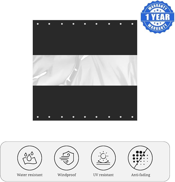 Covers & All Outdoor Clear Panel Curtain, 12 oz Vinyl Outdoor Curtains for Patio, Weather Resistant Waterproof Tarp with Brass Grommets for Pergola, Porch, Gazebos, Balcony (7'H x 15'W Feet, Black)