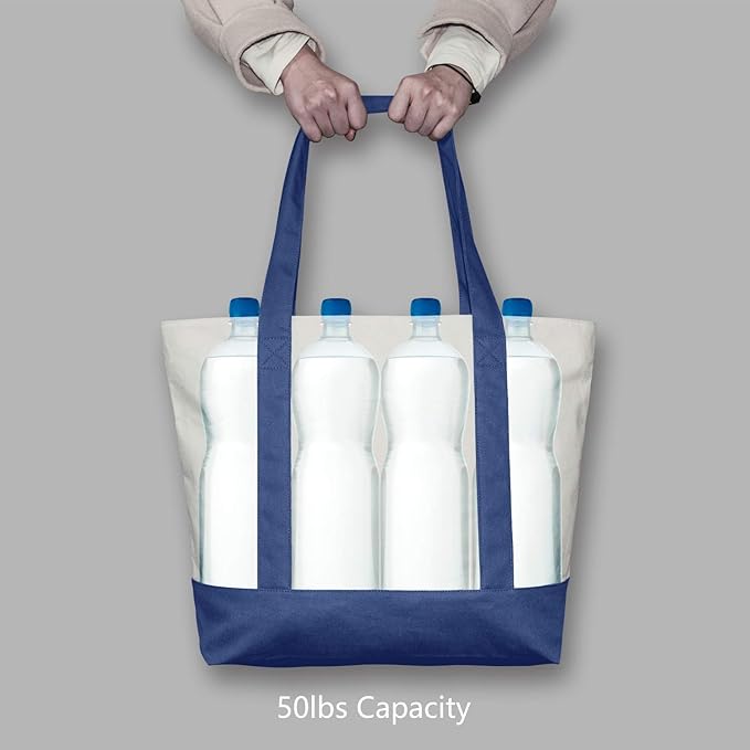 TOPDesign 6-Pack Canvas Tote Bags with an External Pocket, Reusable Grocery Shopping Bags, Top Zipper Closure, Daily Essentials (Blue/Natural)