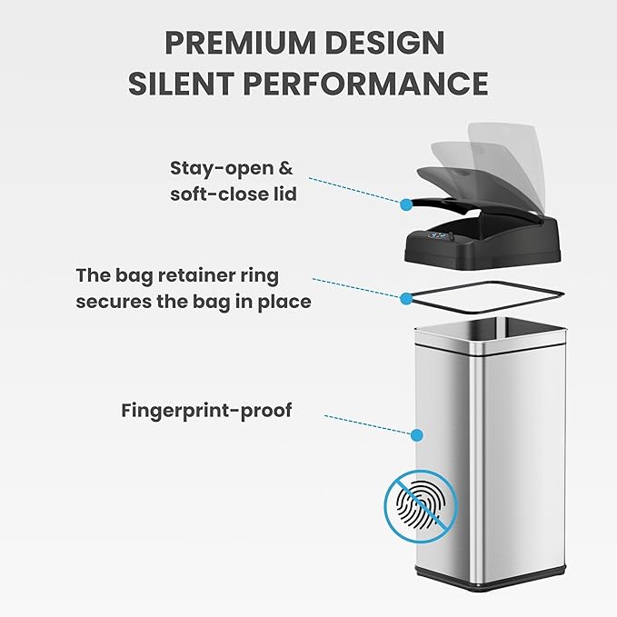 iTouchless 50 Liter / 13 Gallon Kitchen Trash Can with AC Adapter, Lid & Odor Filter – Motion Sensor Stainless Steel Garbage Bin for Home, Office, or Garage – Slim, Large Capacity Design
