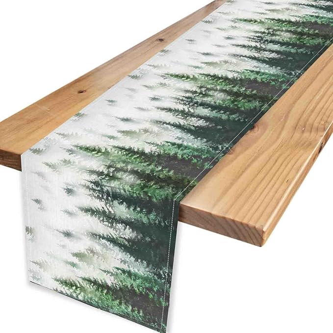 Green Forest Table Runner, Rustic Farmhouse Green Pine Tree Woodland Seasonal Mountain Country Coffee Table Center Decor for Home Kitchen Dining Patio Holiday Party Table Decorations, 13"x36" Inch