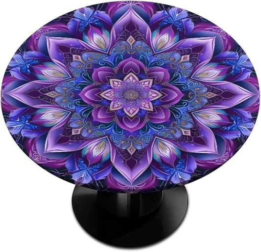 Mandrake Purple Blue Flower Round Table Cloth Cover, Elastic Edge Waterproof Wipeable Tablecloths 36"-42" Polyester Tablecloth for Party Restaurant Banquet Holiday Camping Outdoor Picnic