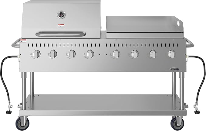 60 in. 8-Burner Commercial Outdoor Propane Gas Grill with 30 in. Roll Dome Cover and 30 in. Griddle in Stainless-Steel, ETL Listed (CGKIT6-D30G30)