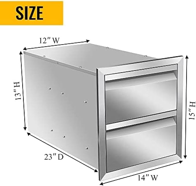 Flush Mount Stainless Steel Double Drawers with Recessed Handles for Outdoor Kitchens Or BBQ Island,-14W X 15H X 23D Inch