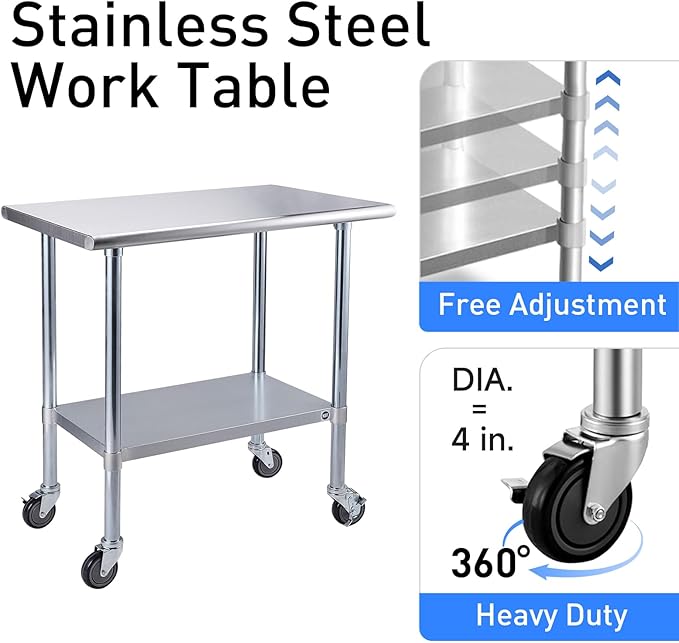 ROCKPOINT Stainless Steel Table for Prep & Work with Caster Wheels 18x48 Inches, NSF Metal Commercial Kitchen Heavy Duty Table with Adjustable Under Shelf and Table Foot for Restaurant, Home and Hotel