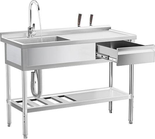 WOEDEN 47" 304 Stainless Steel Utility Sink, Free-Standing Commercial Sink with Workbench, Drawer Storage & Hot/Cold Water Pipes for Laundry, Farmhouse & Outdoor Use