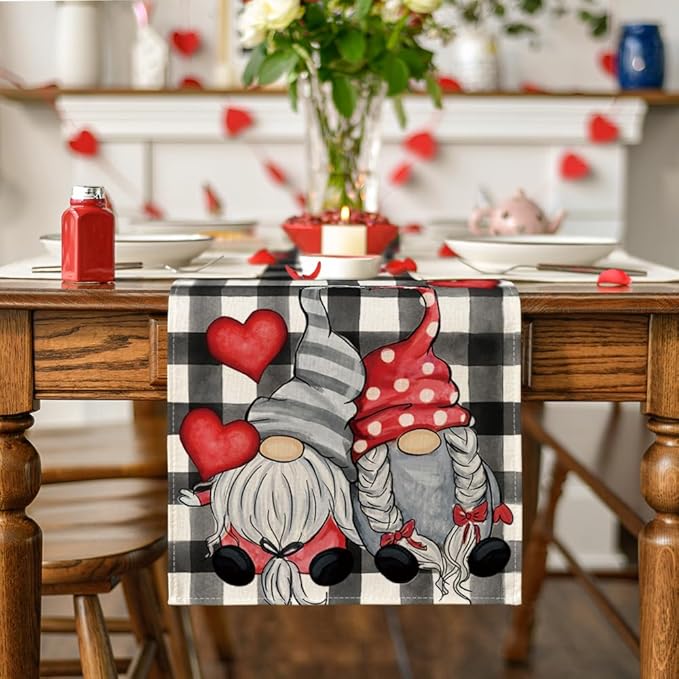 Artoid Mode Watercolor Buffalo Plaid Hearts Gnomes Love Valentine's Day Table Runner, Seasonal Anniversary Wedding Holiday Kitchen Dining Table Decoration for Indoor Outdoor Home Decor 13 x 108 Inch