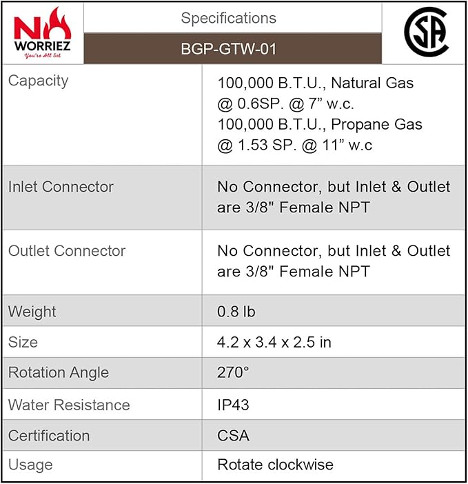 NO WORRIEZ 100,000 BTU Safety Automatic Outdoor BBQ Shut Off 3/8'' NPT Mechanical Structure Gas Timer for Propane Grill and Natural Gas Grill